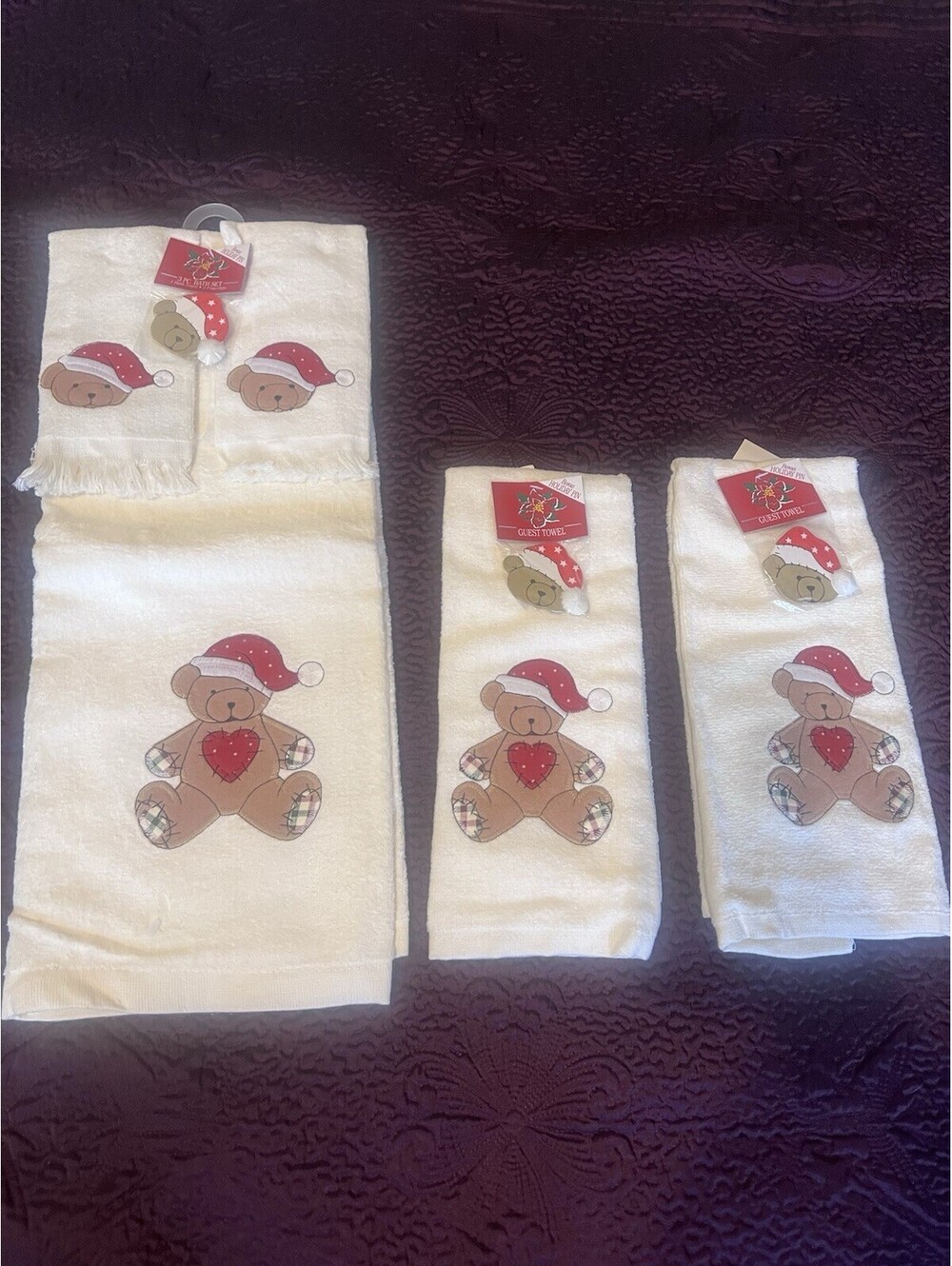 5 Vintage Walmart Christmas Teddy Bear Bath Guest Towel Set white Holiday Pins